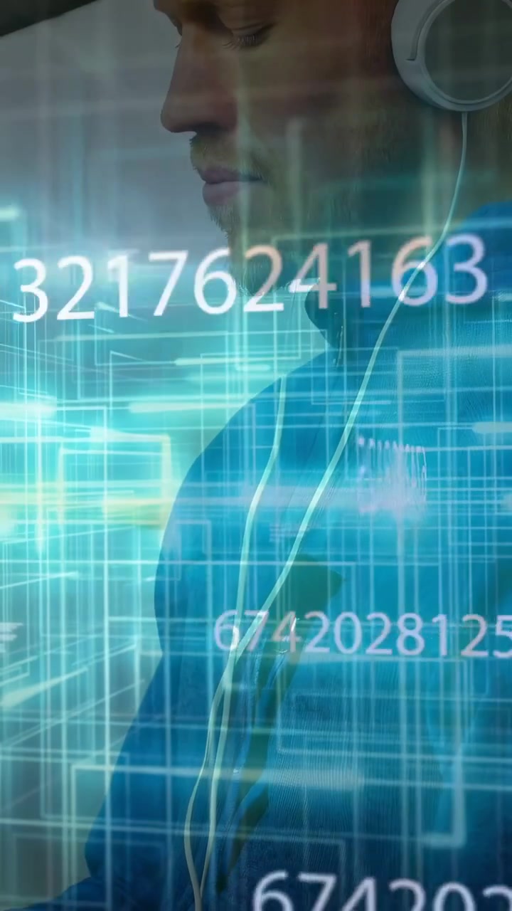 Vertical video: Adult male turning and using desk, starting data grid overlaying stats, analyzing