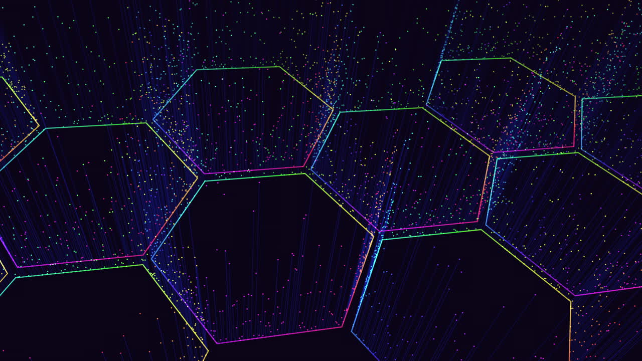 patrones de hexágonos futuristas con pequeños destellos de neón en movimiento