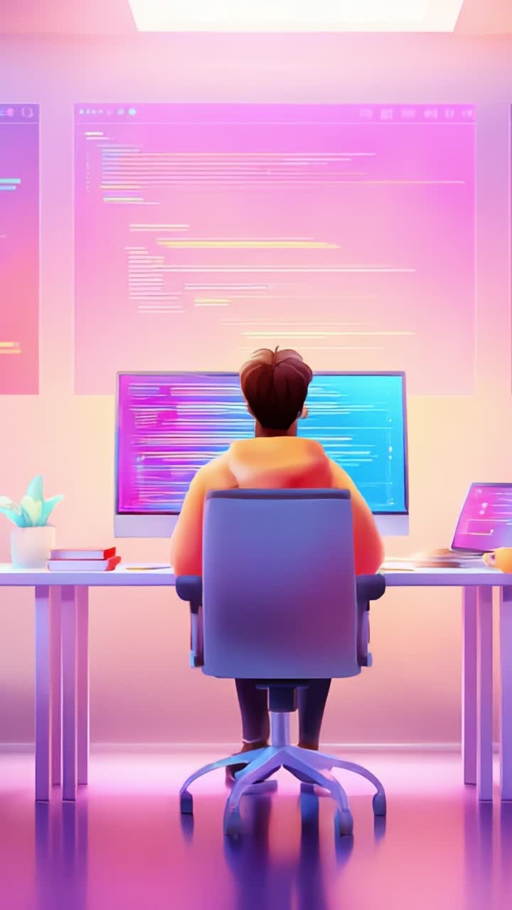 A developer immersed in code, surrounded by vibrant screens and a modern workspace, showcasing creativity and focus in programming and software development