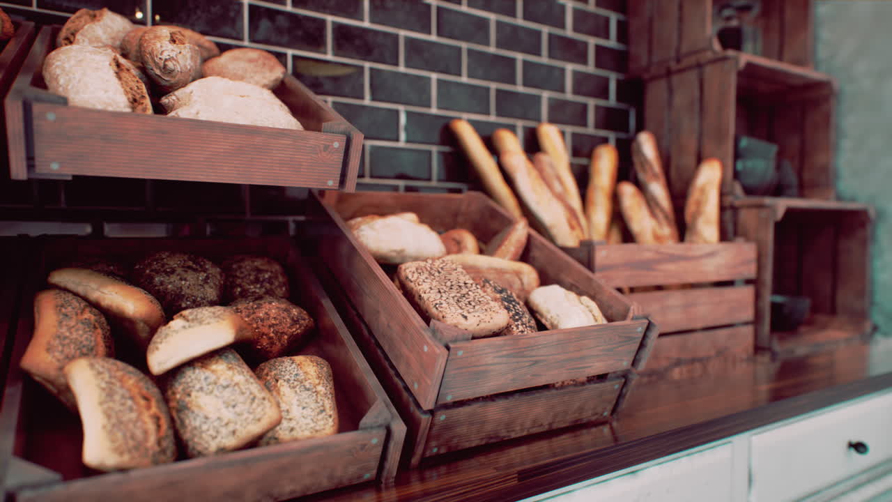 Fresh bread on shelves in bakery