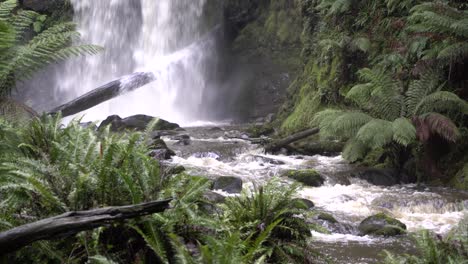 Unterseite-Des-Wasserfalls-Und-Bach-Zwischen-Farnen