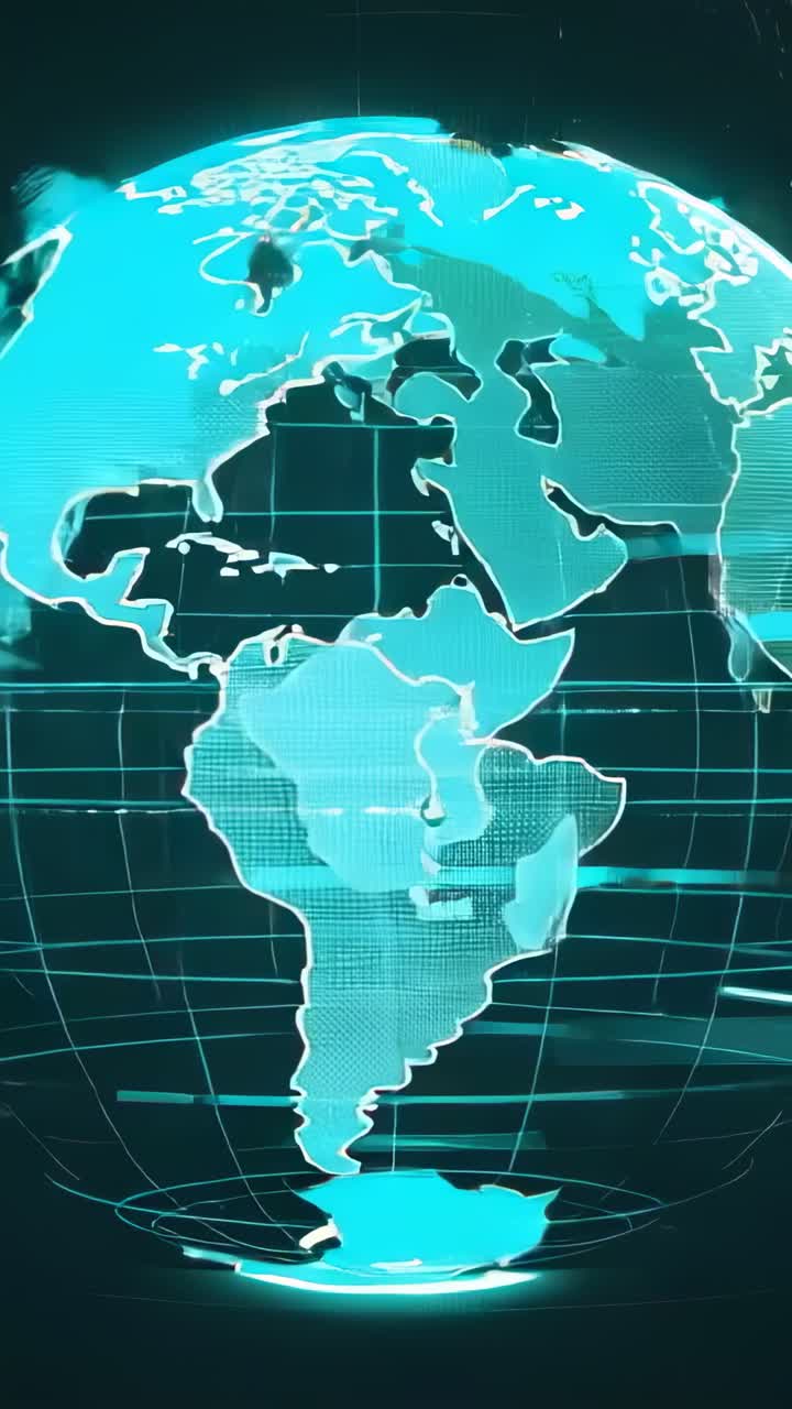 Vertical video: Initially showing turquoise 3D globe rising, rotating in void with glitch artifacts