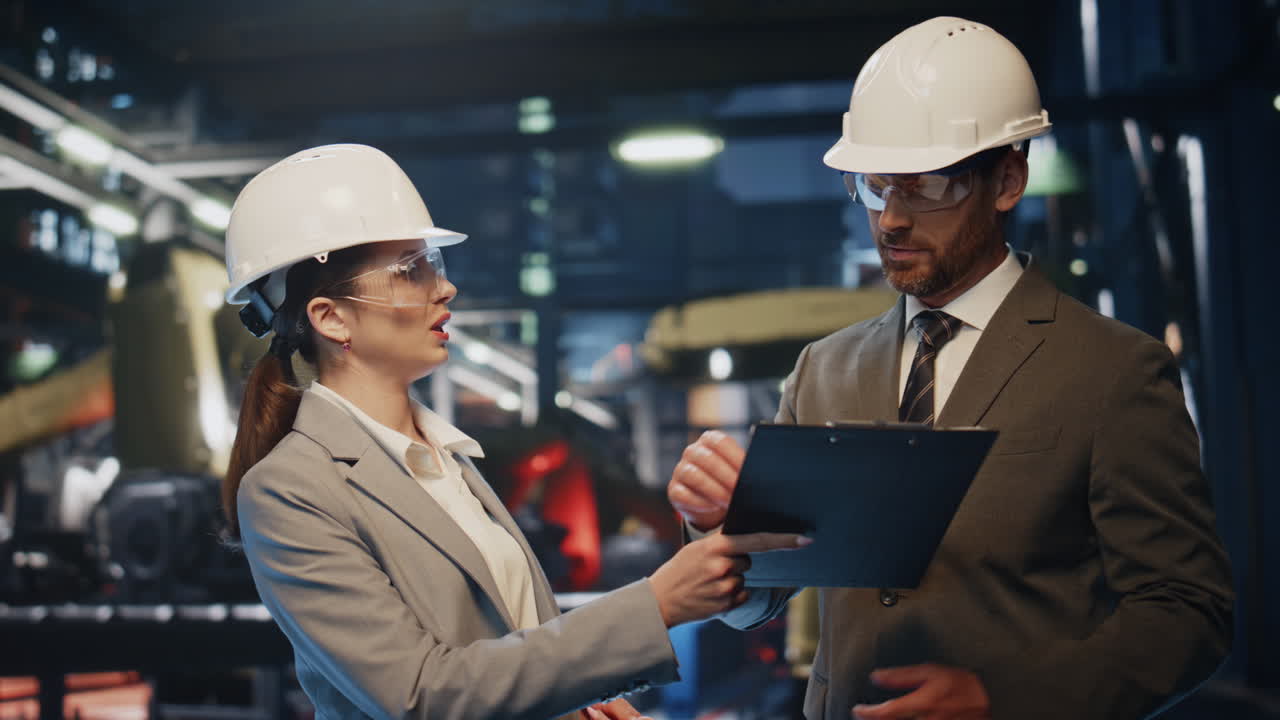 dos socios inspeccionando la producción de una fábrica industrial pesada con cascos de cerca.