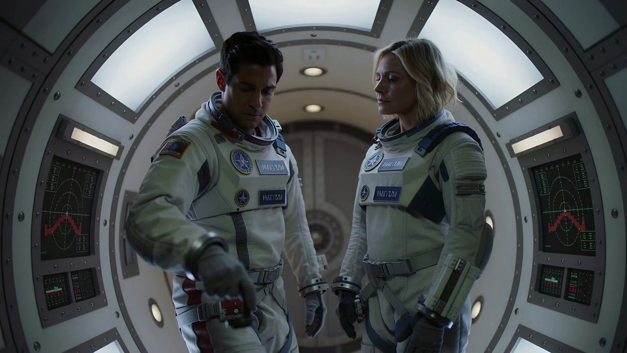Olhando para baixo, astronauta verificando dispositivo no cinto para atividade extraveicular em módulo, tripulação observando com trajes brancos