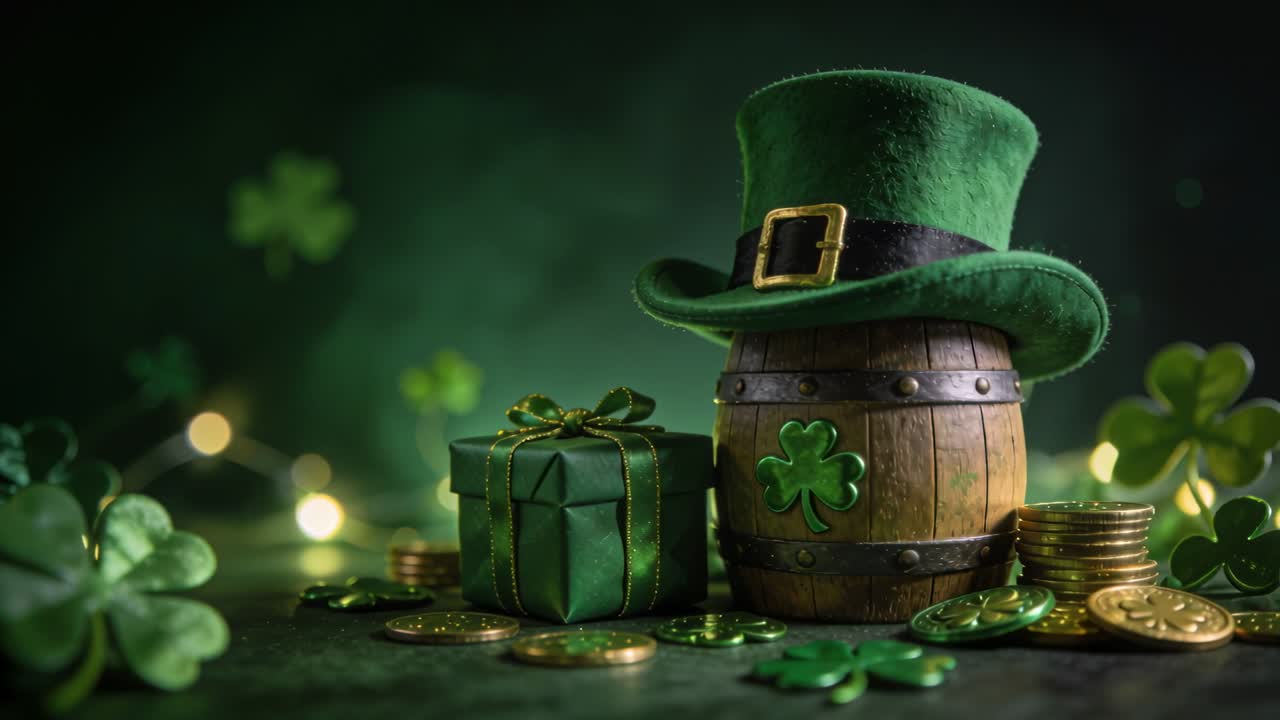 Bevegelig kamera zoomer inn på St. Patricks Day-rekvisitter på et trebord, og rammer inn hatt, tønne, gave og mynter.
