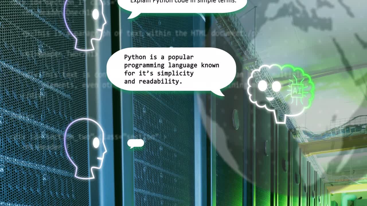 アニメーション: ai チャットとグローブ・オーバー・コンピュータ・サーバー・ルーム