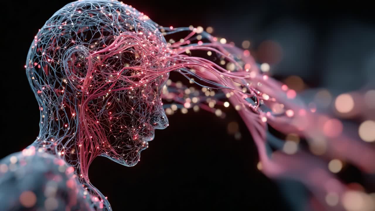 An intricate digital representation of a human figure with flowing strands of light and energy, symbolizing creativity, emotion, and the fusion of technology with humanity