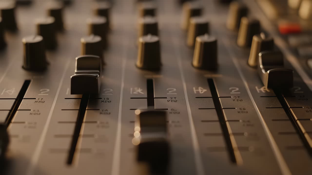Close-up of an Audio Mixing Console Faders and Knobs