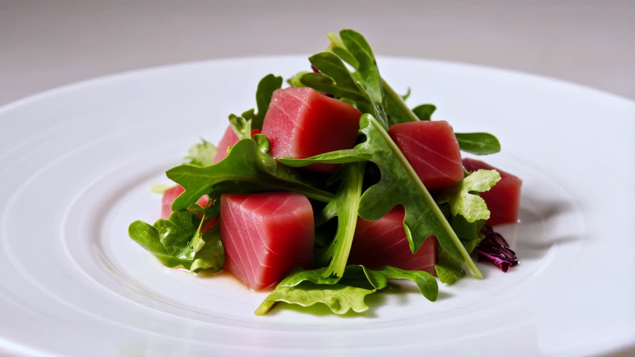 Fresh Tuna Salad with Green Leaves on a White Plate