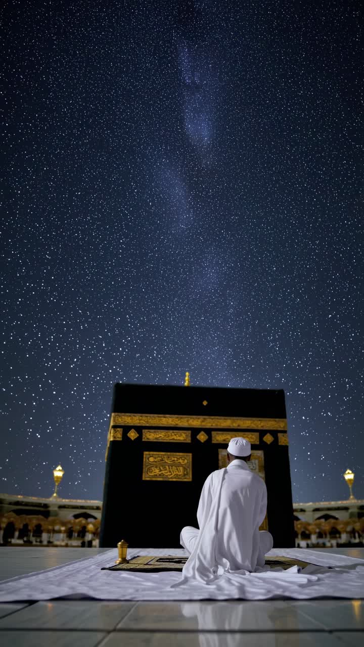 A serene video scene of a person in white praying at night, captured from a low angle, with a starry