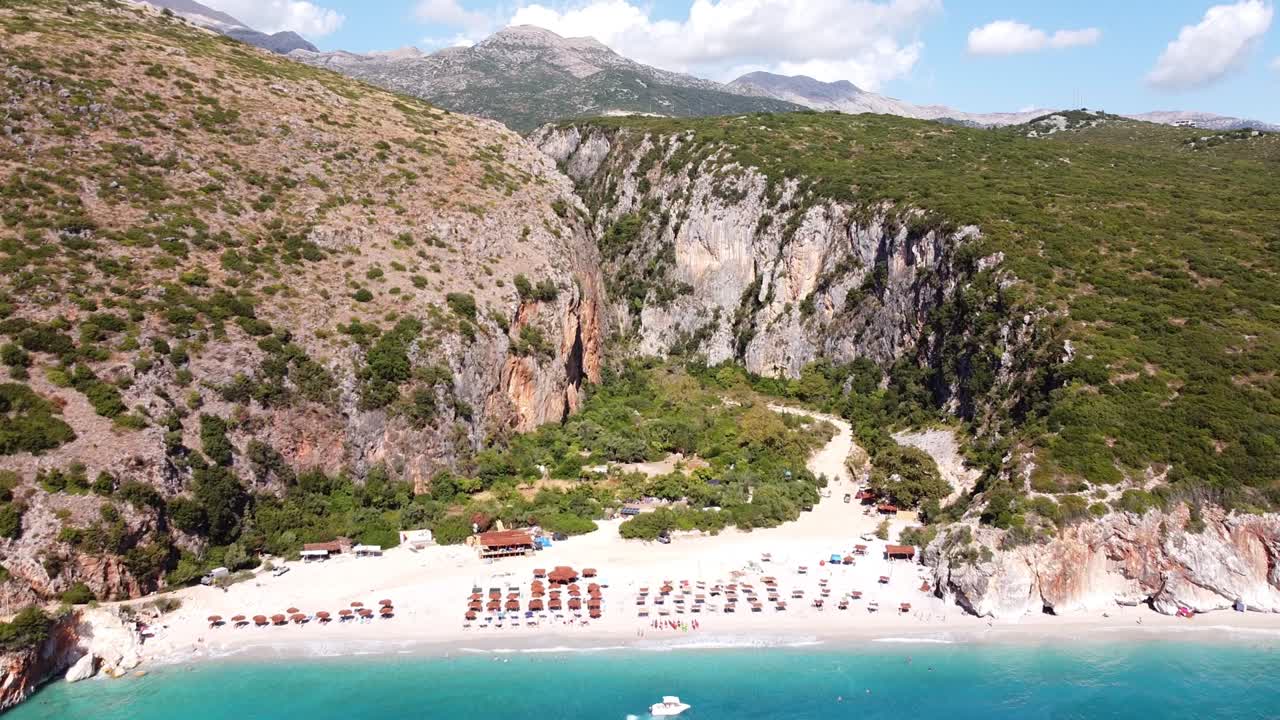 Gjipe Beach and Canyon, Albania - Aerial of White Sandy Beach and Blue Sea