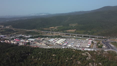 aerial view of a truck stop and highway