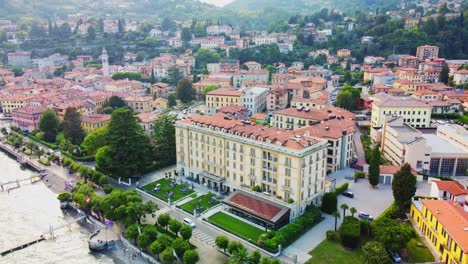 drone shot luxury expensive hotels and villa in menaggio at lake como