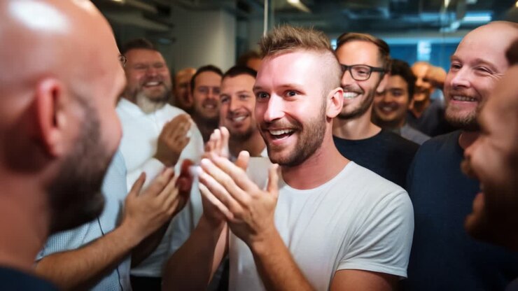 Joyful Celebration Among Friends: A Moment of Laughter and Camaraderie Captured in Two Frames, Showcasing the Transformation from Surprise to Blissful Happiness