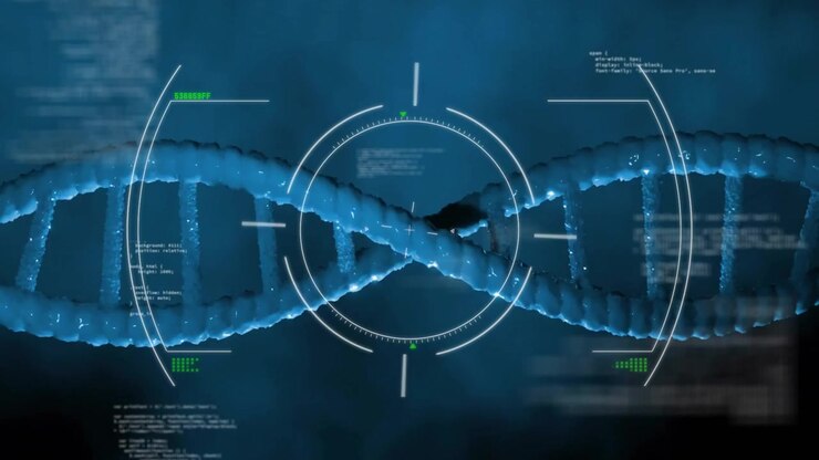 Futuristic technology interface displaying molecular analysis with scanning HUD and floating code