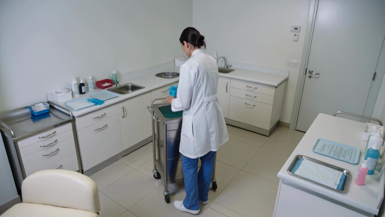 Clínico con bata blanca y uniforme azul preparando instrumentos en una bandeja verde en la sala de examen.