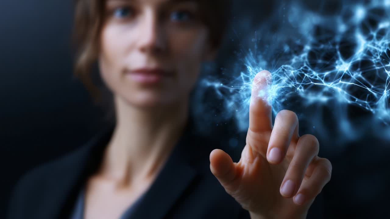 A woman interacts with vibrant energy as her finger makes contact with a shimmering burst of light, symbolizing connection with technology and the power of innovation and imagination