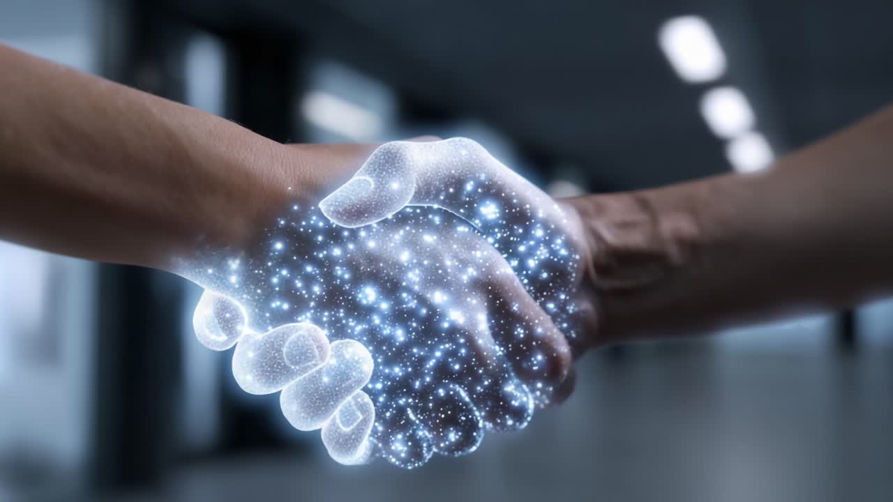 A Shimmering Handshake Symbolizing Unity and Cooperation, Merging Real and Digital Elements in an Innovative Visual Representation of Connection and Growth