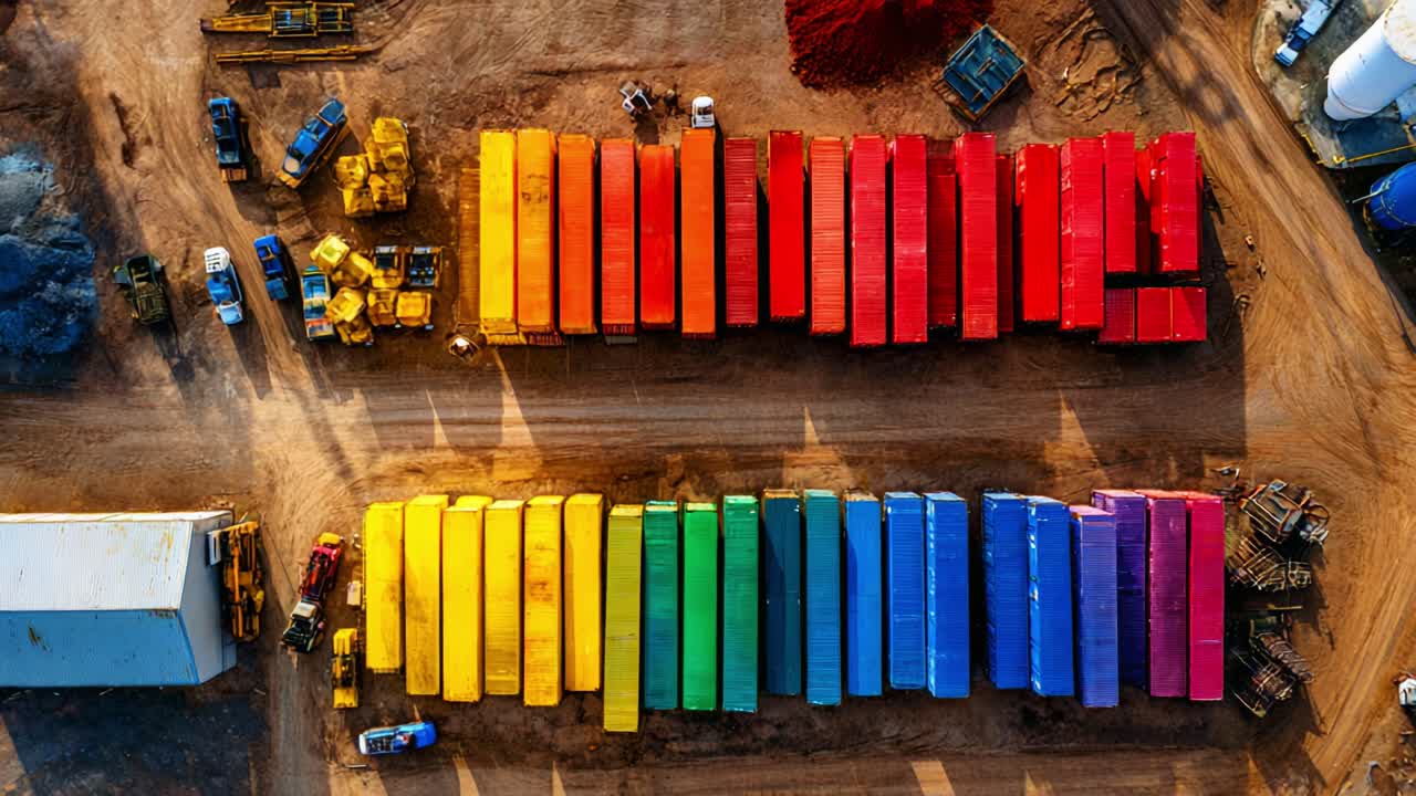 Aerial View of Colorful Storage Containers Organized by Hue on a Construction Site with Heavy Machinery and Raw Materials Like Red Sand and Blue Aggregate Nearby