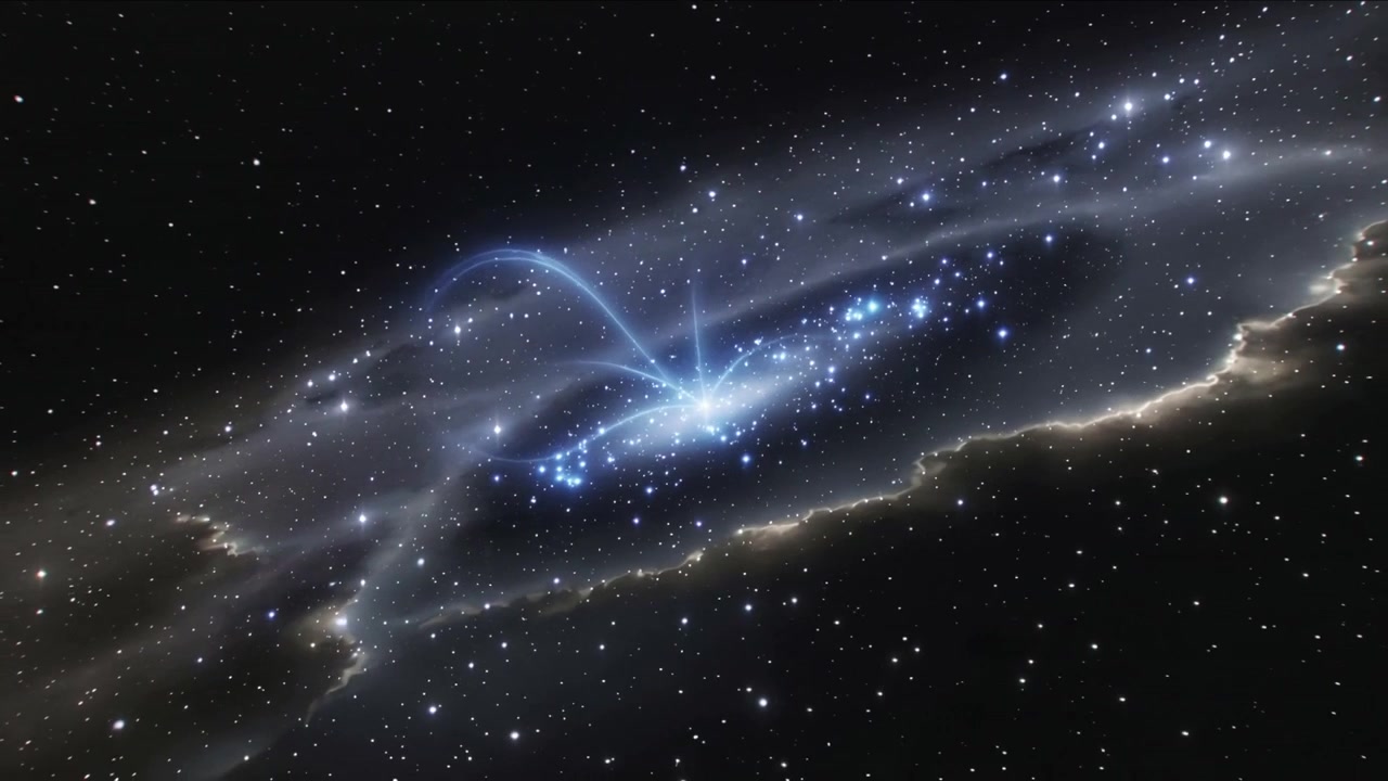 Ammasso stellare che si illumina e bagliore mentre una protostella si accende, causando un arco curvo che si estende sulla nebulosa