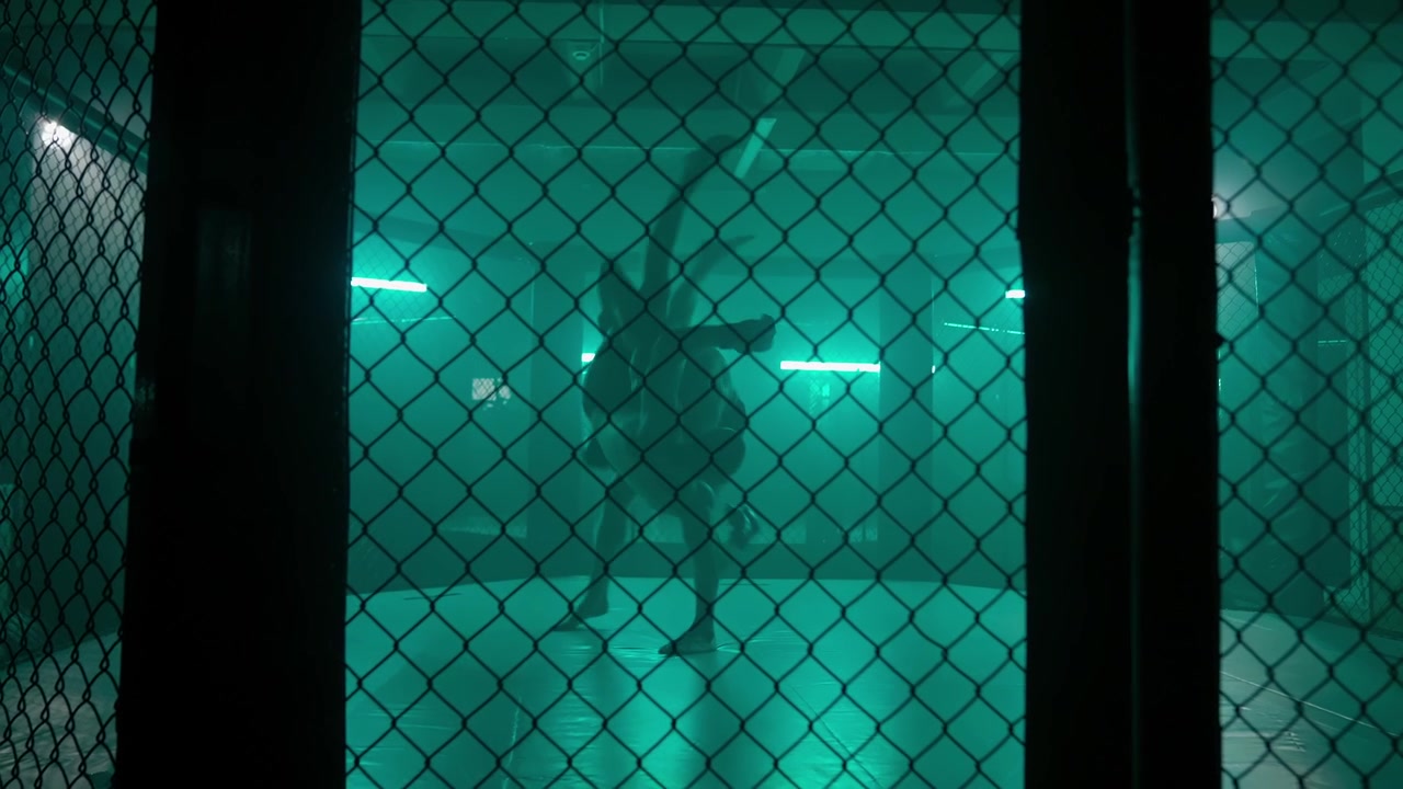 Silhouetten van twee vechters die worstelen in een donkergroen verlichte MMA-kooi