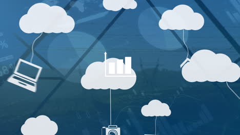 animación de nubes con iconos tecnológicos sobre gráficos y datos en fondo azul