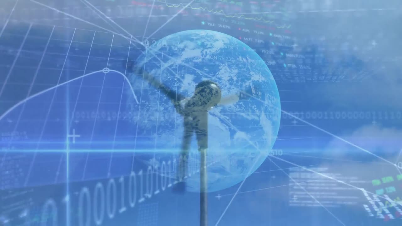 바이너리 코딩, 데이터 처리 및 풍력 터빈 위의 지구의 애니메이션