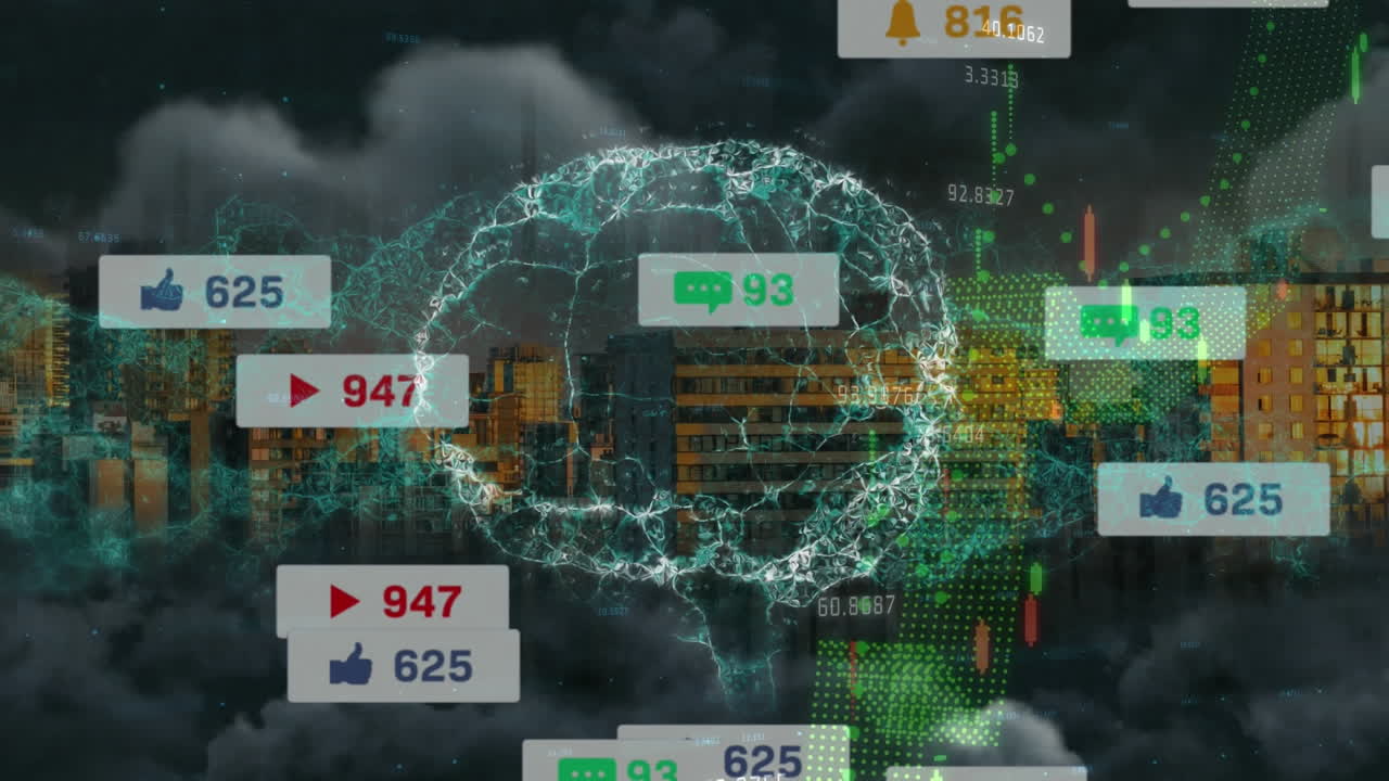 animación de notificaciones de redes sociales y cerebro rotativo sobre gráficos y paisajes urbanos