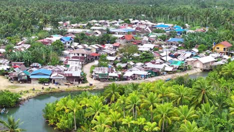 village in tropical forest. settlement by the river in jungle, province siargao, philippines. aerial