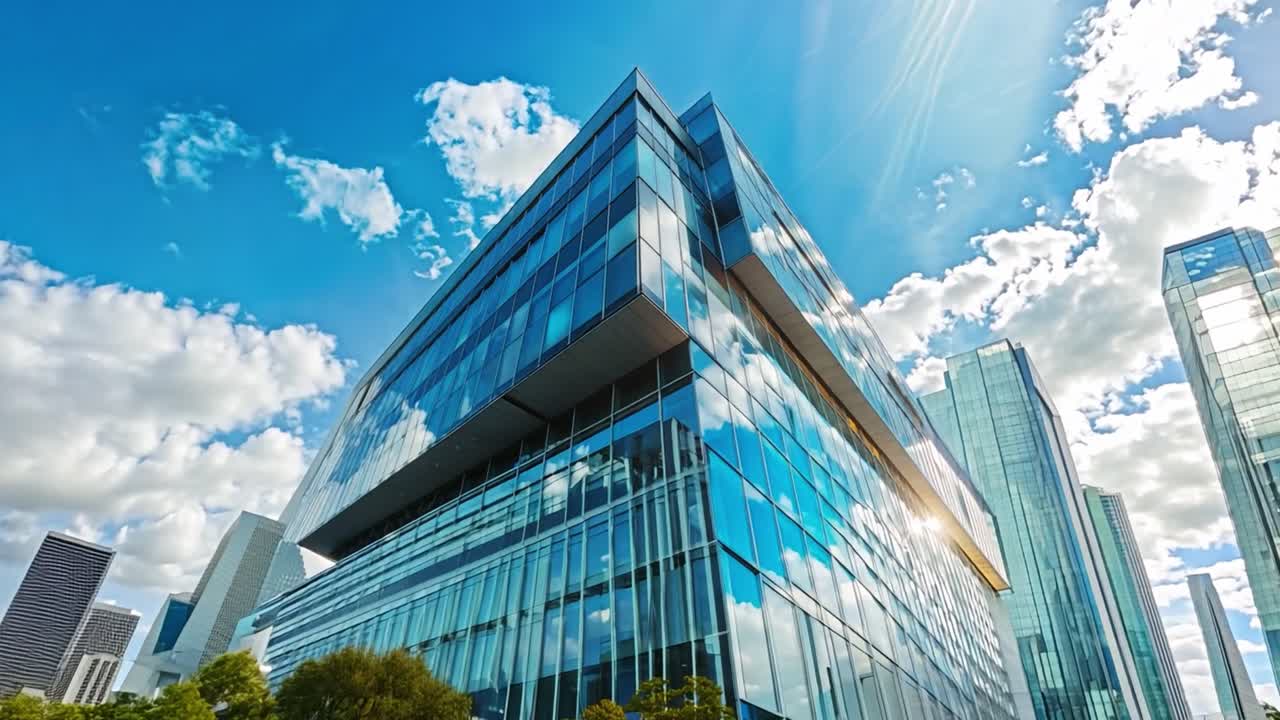 Edifício de escritórios moderno com fachada de vidro sob um céu azul com nuvens