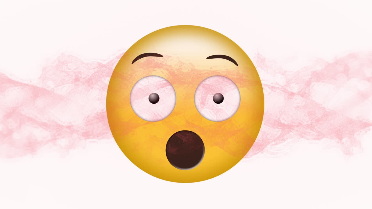 animación digital de ondas digitales rosadas sobre un emoji de cara sorprendida sobre un fondo blanco