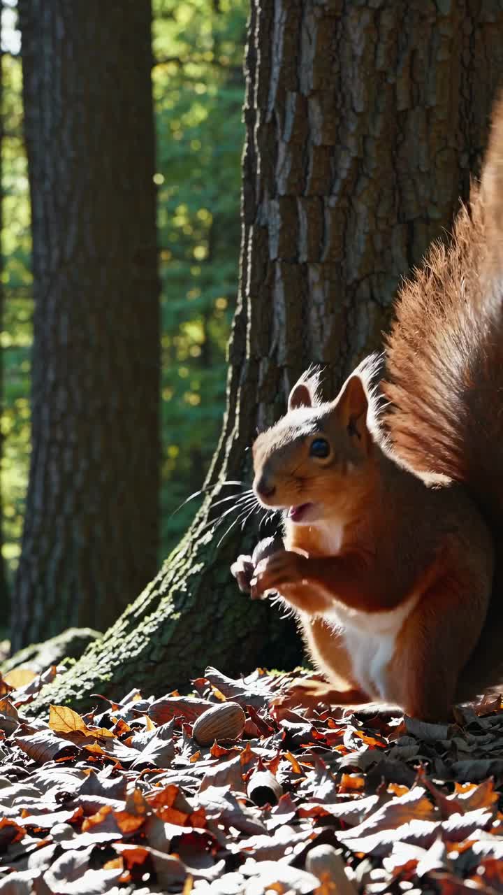 Primo piano, ripresa video dal basso di uno scoiattolo che mangia noci sul suolo della foresta, catturando i colori vivaci