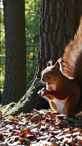 Close-up, low-angle video shot of a squirrel eating nuts on a forest floor, capturing the vibrant