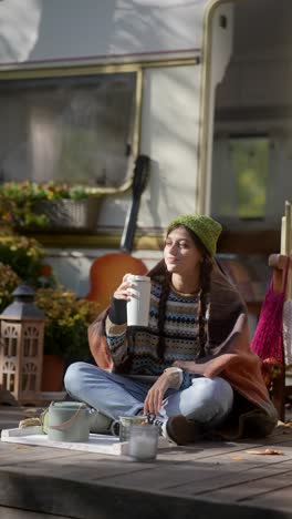 teenage girl enjoying a hot drink outdoors near a camper van