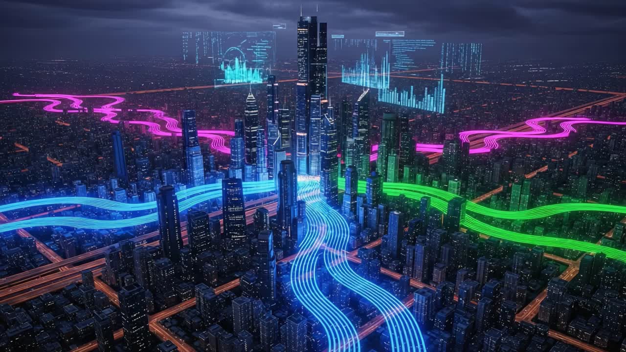 A Stunning Aerial View of a Futuristic Cityscape with Digital Rivers of Light Flowing Through Skyscrapers, Creating a Vibrant Urban Scene Full of Data Visualizations
