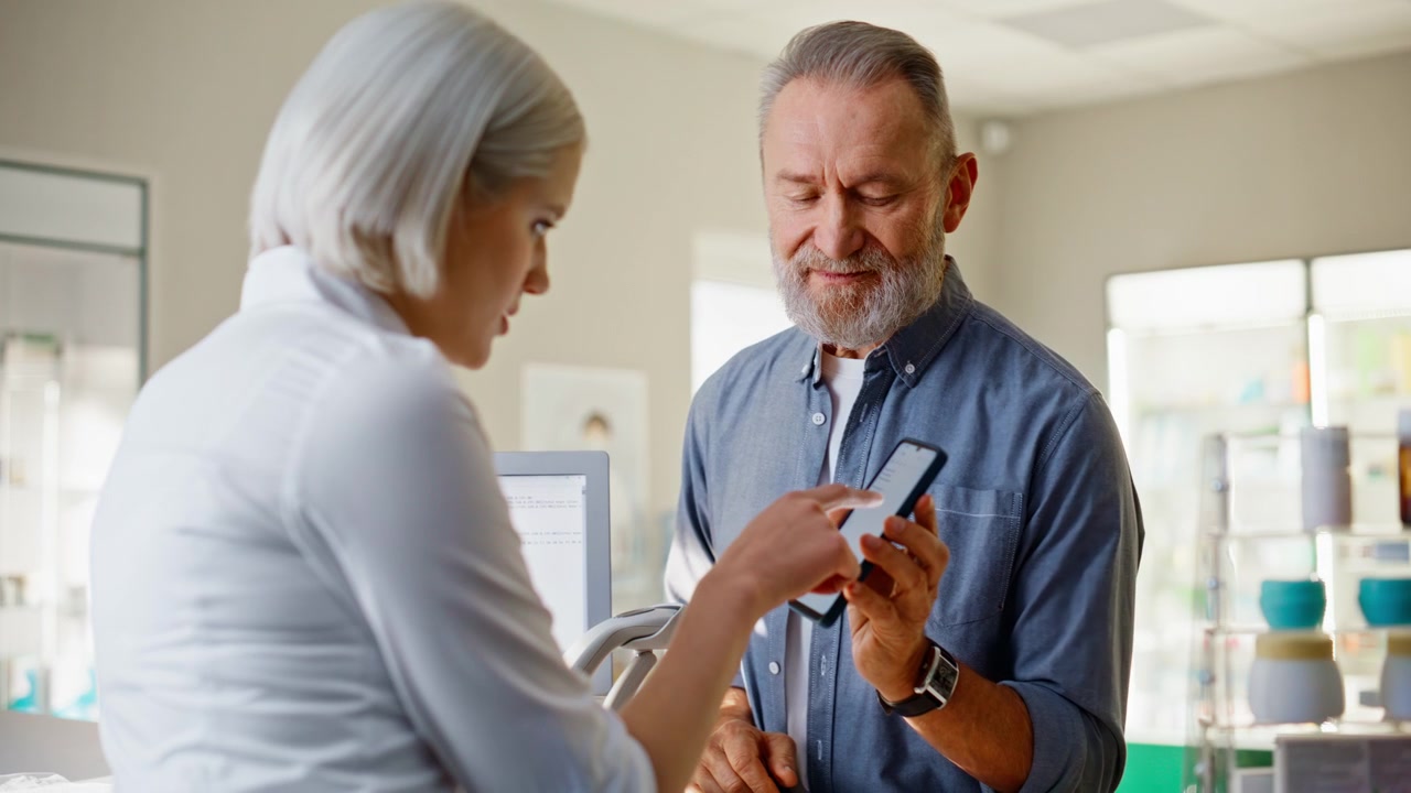 Pharmacy client approaches cashier showing smartphone to woman seller closeup.