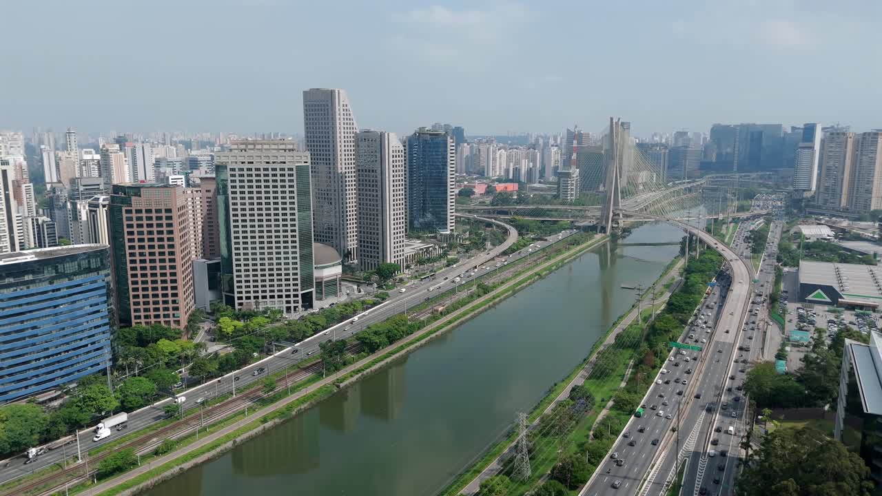 Pinheiros River Area With Office Buildings And Major Roadways In São Paulo, Brazil. Aerial Drone Shot
