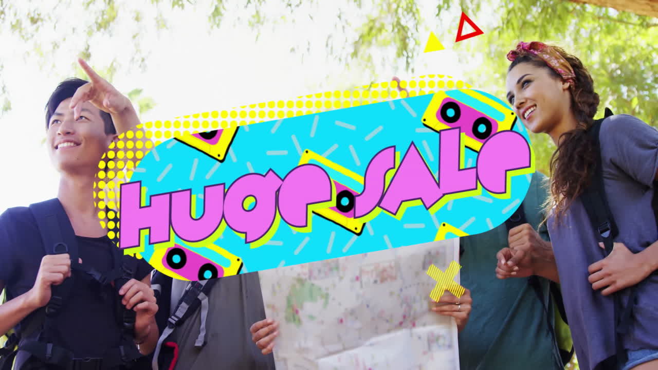 People holding map outdoors with Huge Sale text animation over colorful design