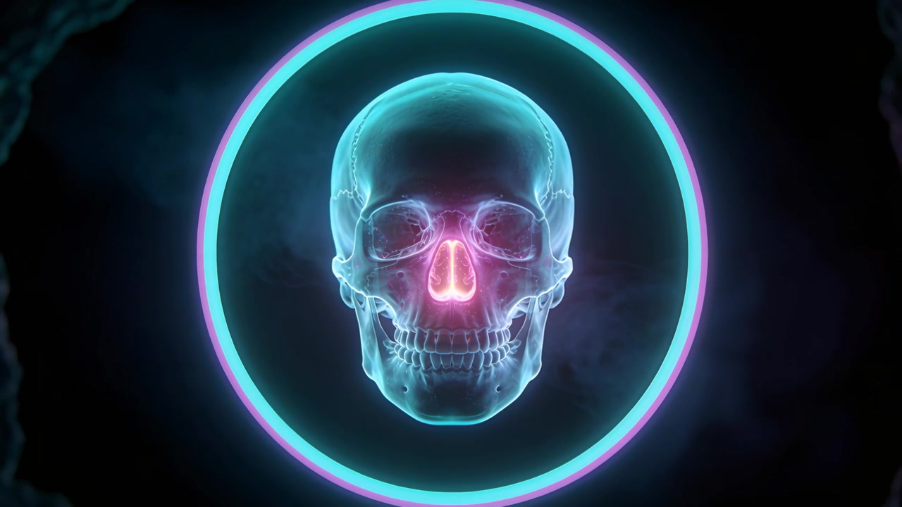 Animation starter, røntgen cyan kranie pulserer i neonring med magenta næseglød, der afslører klipper.