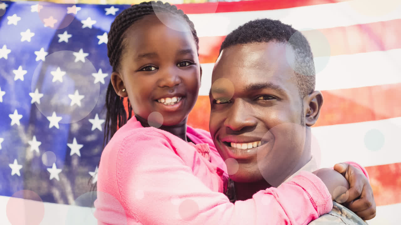 Animasjon av en mannlig soldat som omfavner sin datter over det amerikanske flagget