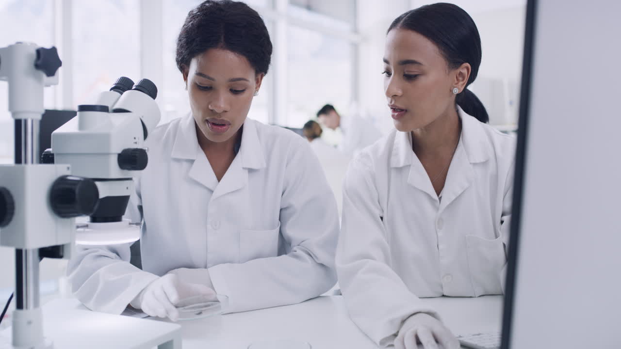 Two medical scientists discussing a virus sample