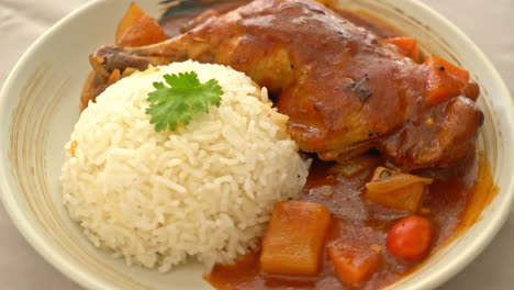 homemade chicken stew with tomatoes, onions, carrot and potatoes on plate with rice