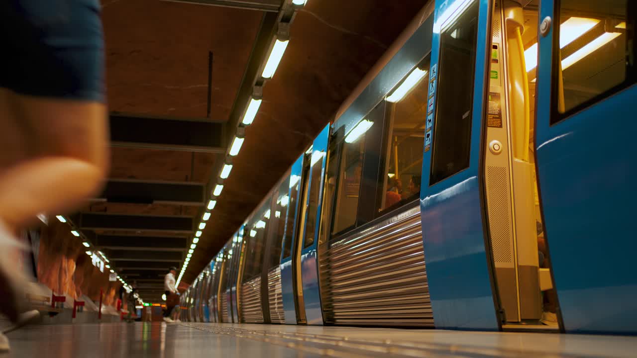 An underground train arriving at Radhuset station, Stockholm, Sweden. Famous subway metro. Architecture