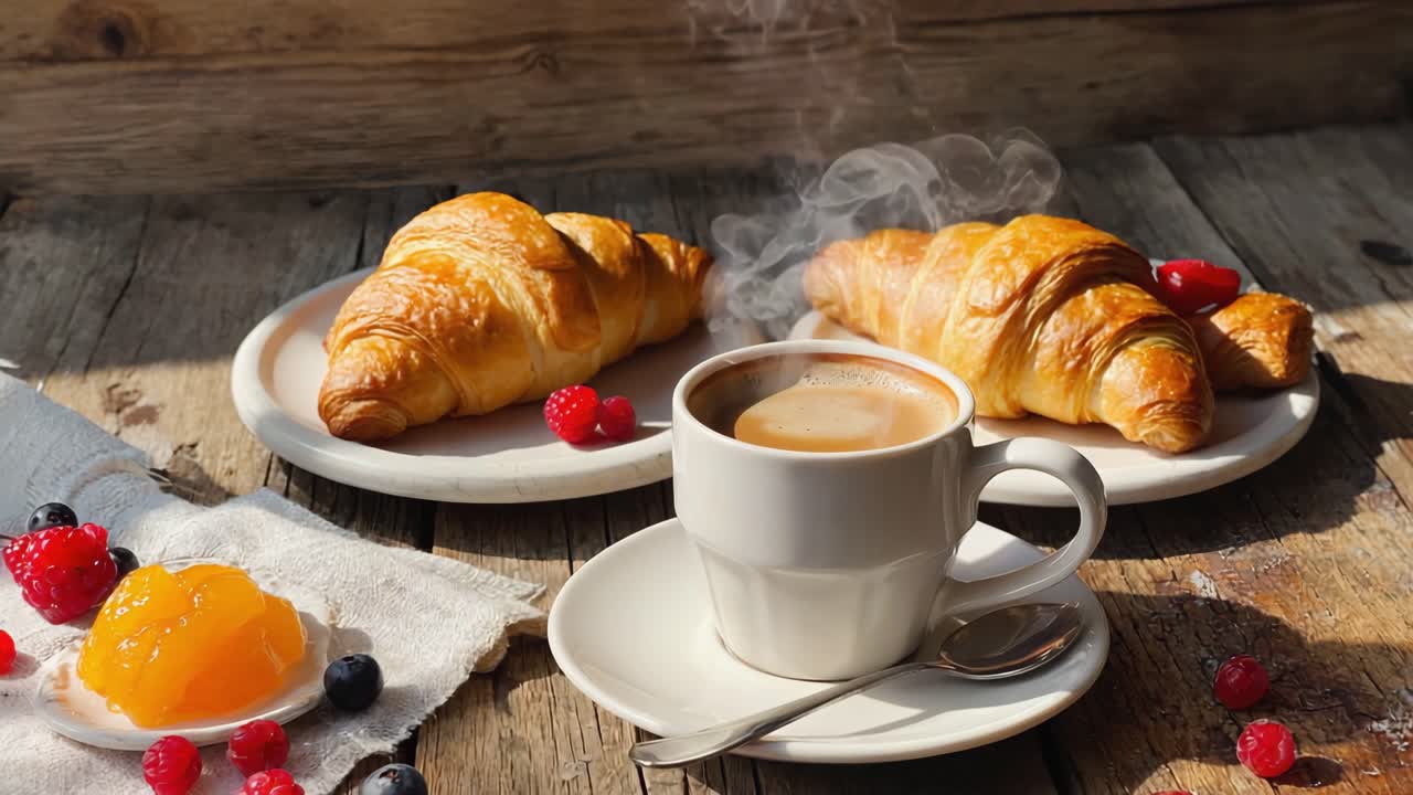 Warm, inviting breakfast scene featuring steaming coffee, golden croissants, fresh berries, and a dollop of jam on a rustic wooden table, creating a cozy and appetizing atmosphere