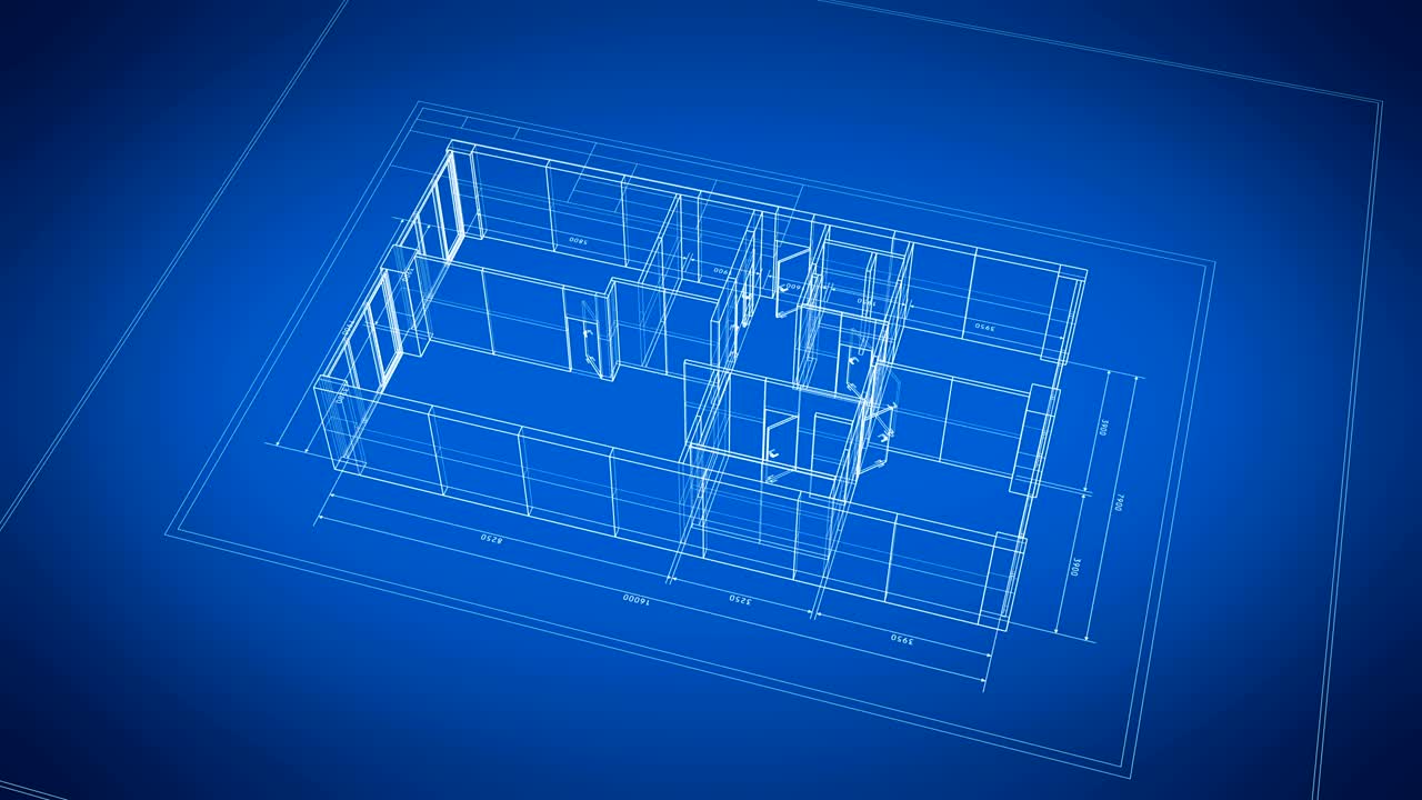bellissimo astratto progetto 3d degli appartamenti che ruotano su nero e blu senza cuciture. rete di animazione 3d a anello. concetto di business di costruzione.