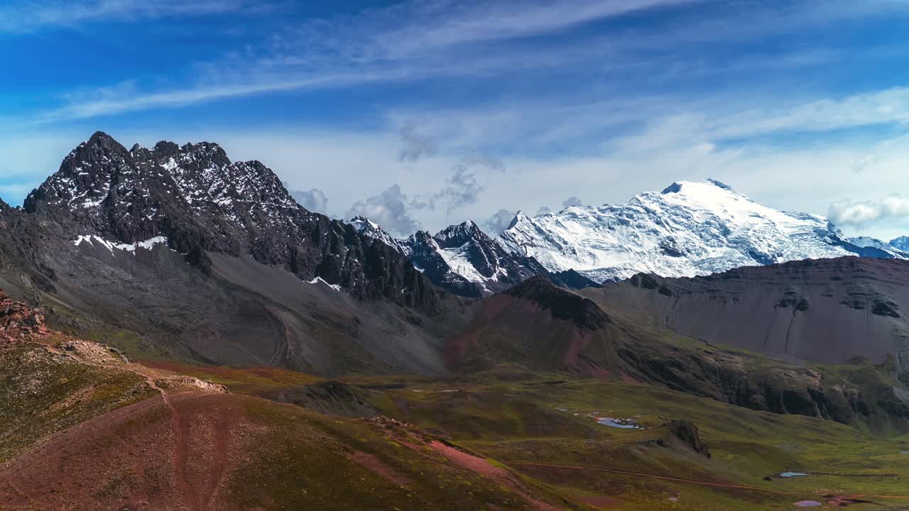 Ghiacciaio Ausangate Perù Perú time lapse glaciale Ande peruviane Nevado Auzangate Montagna Arcobaleno Vinicunca Vilcanota Regione di Cusco cielo azzurro mattutino movimento delle nuvole Hatun Ritty stagione secca piovosa statica