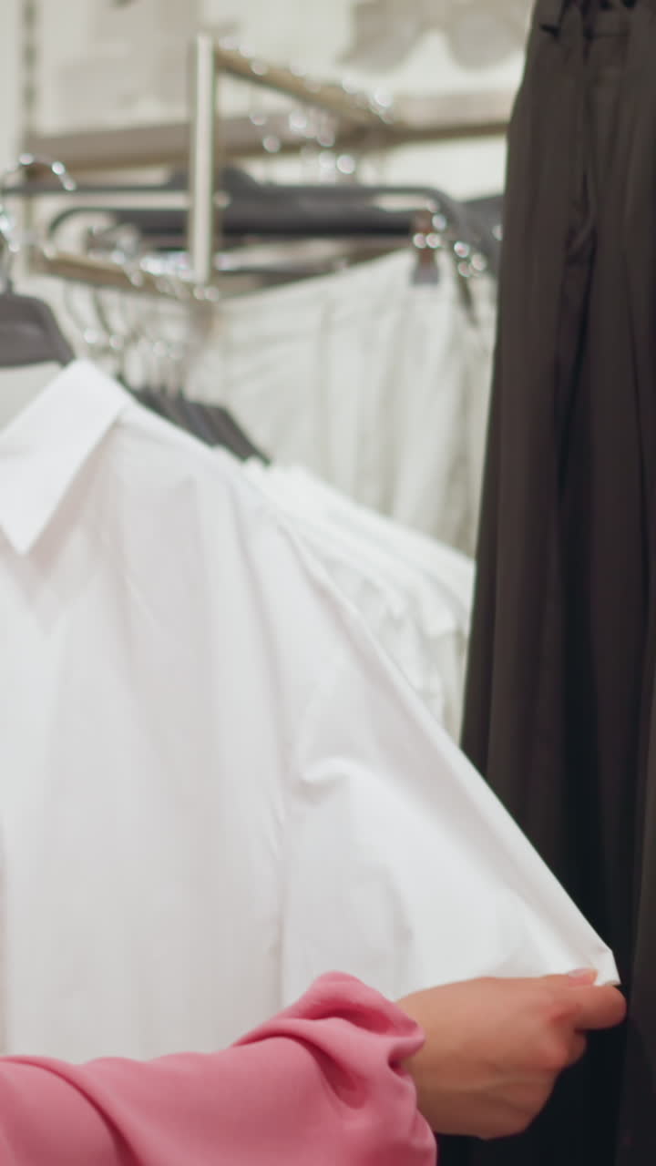 Beautiful lady in pink dress retrieves white shirt from clothing rack, observing it closely, other clothes are neatly arranged on shelves and racks in a well-organized store, with a stylish layout