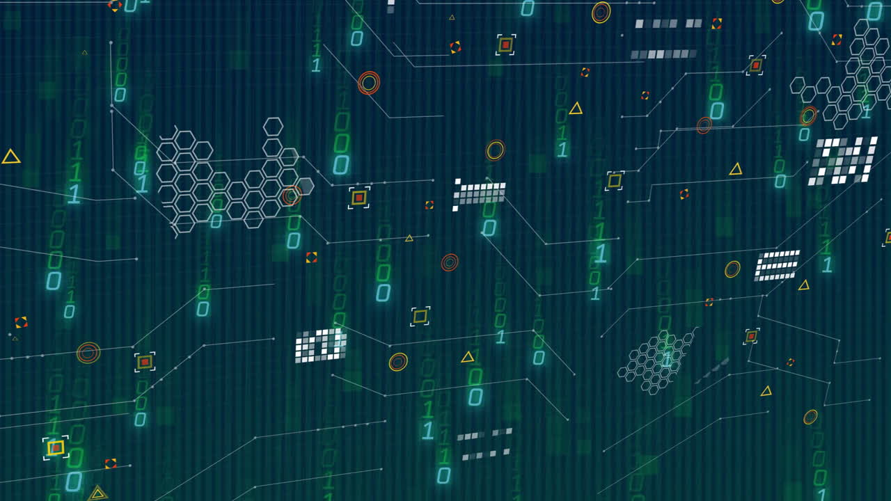 network interface showing cascading binary digits and scattered geometric nodes on teal stripes