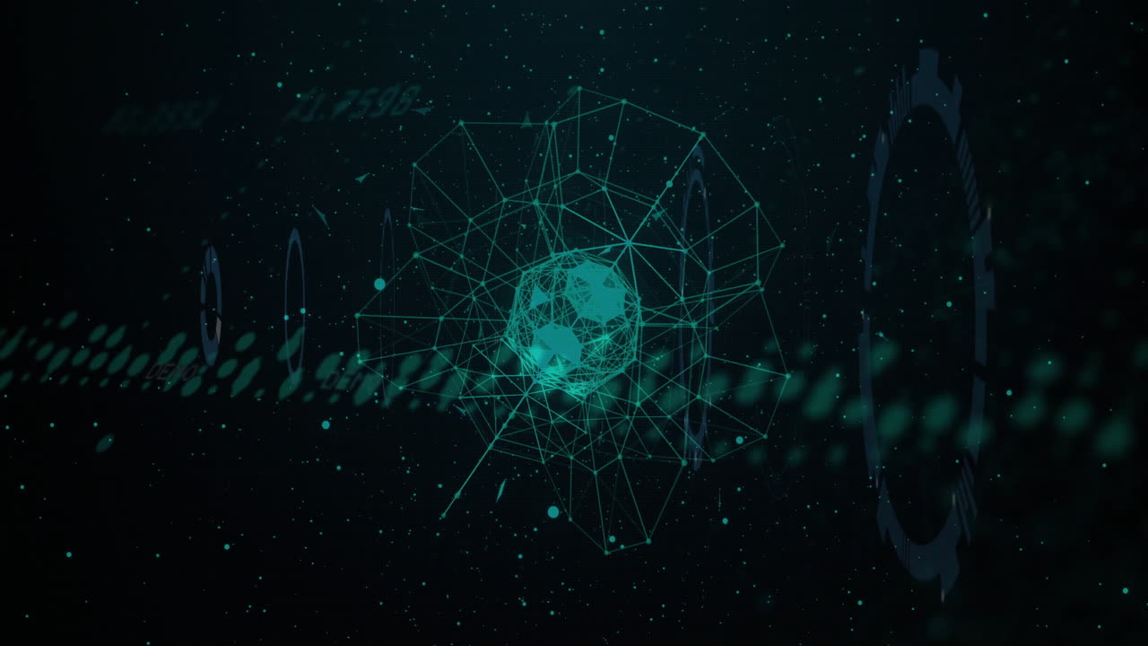 블랙 배경 위의 로딩 서클에서 전 세계에 있는 그래프와 연결된 점들의 애니메이션