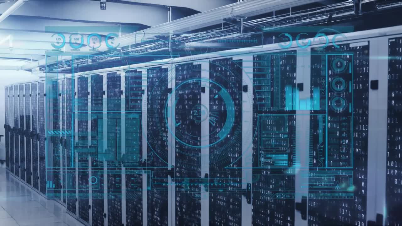 Animation of scope scanning and data processing over tech room with computer servers